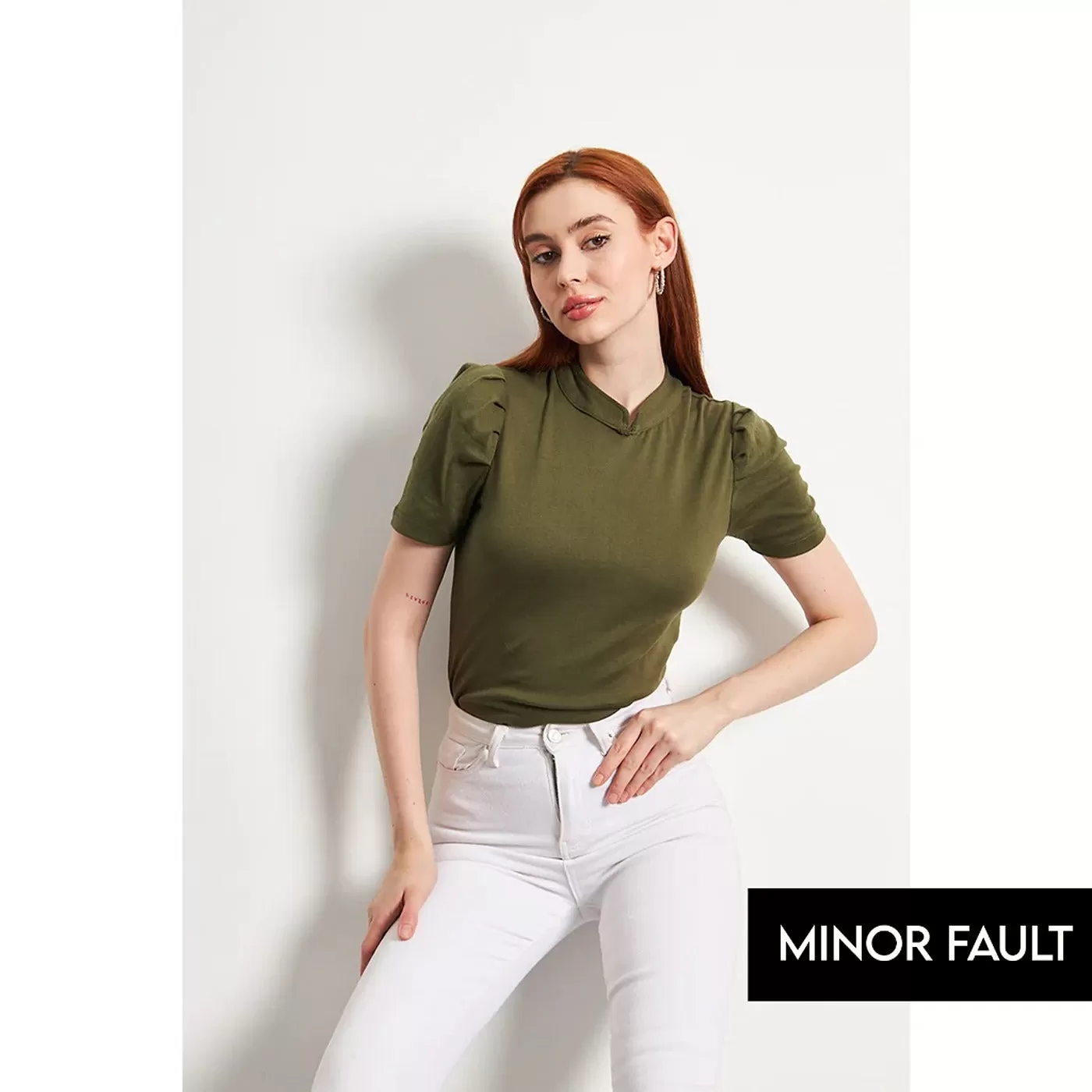 (Minor Fault) Olive Puff Sleeves Knit Top