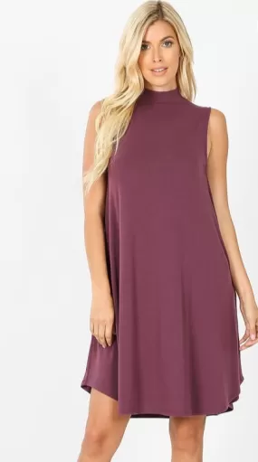 Mock Neck Dress With Pockets (Purple, Green )