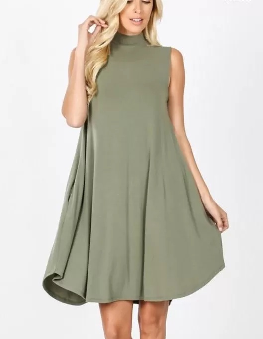 Mock Neck Dress With Pockets (Purple, Green )