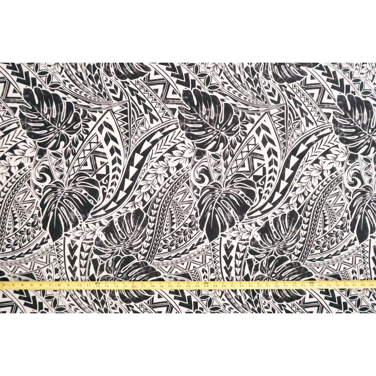 Monstera Polynesian Tribal Prints Fabric | Black BLK-0004TP