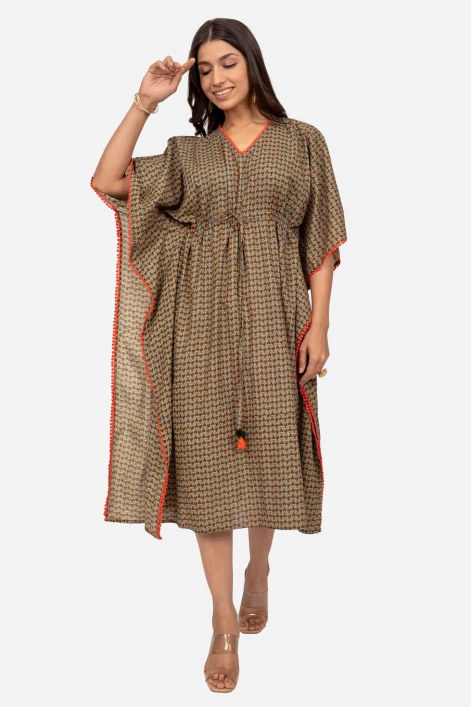 Moss Green Printed Kaftan Dress