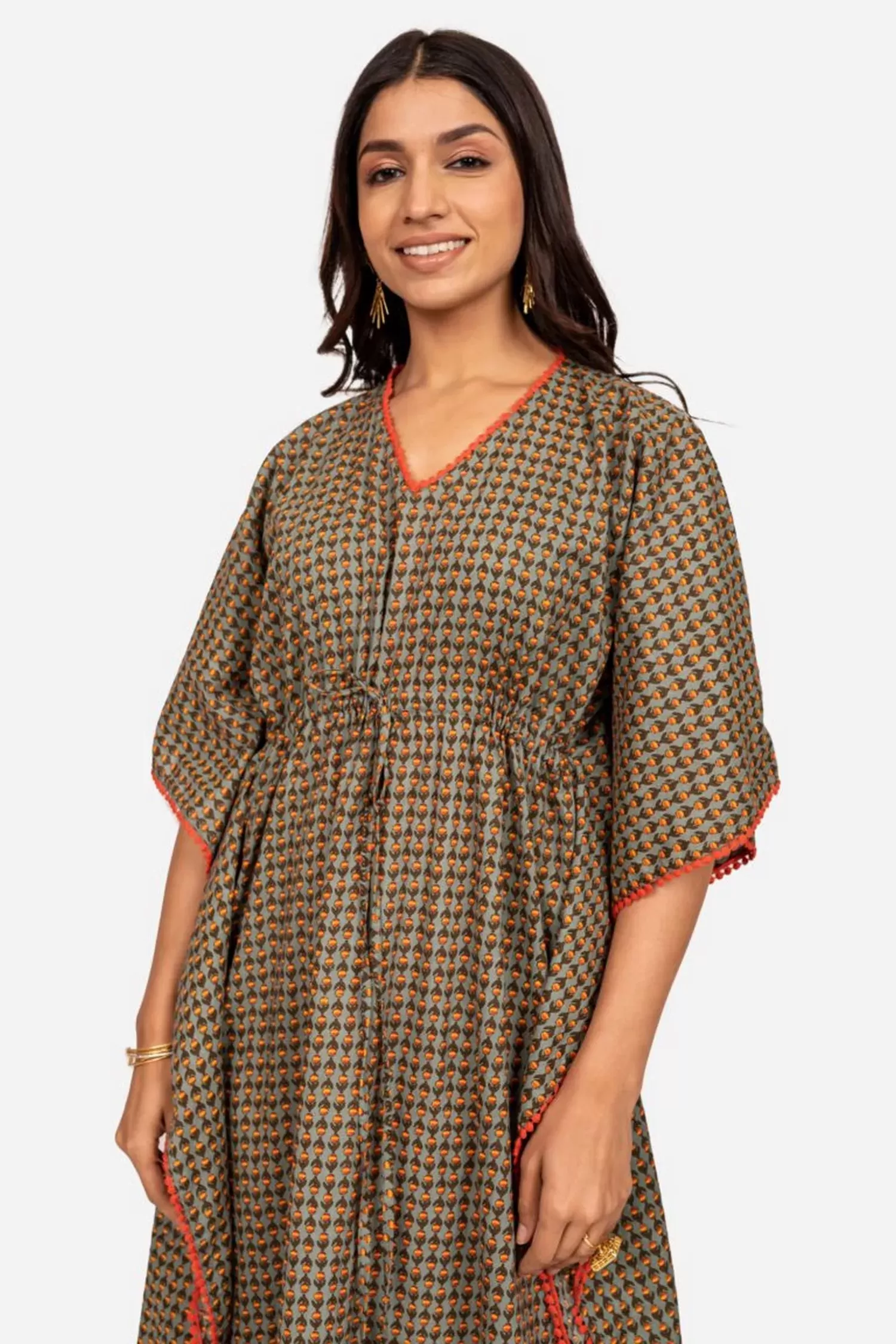 Moss Green Printed Kaftan Dress