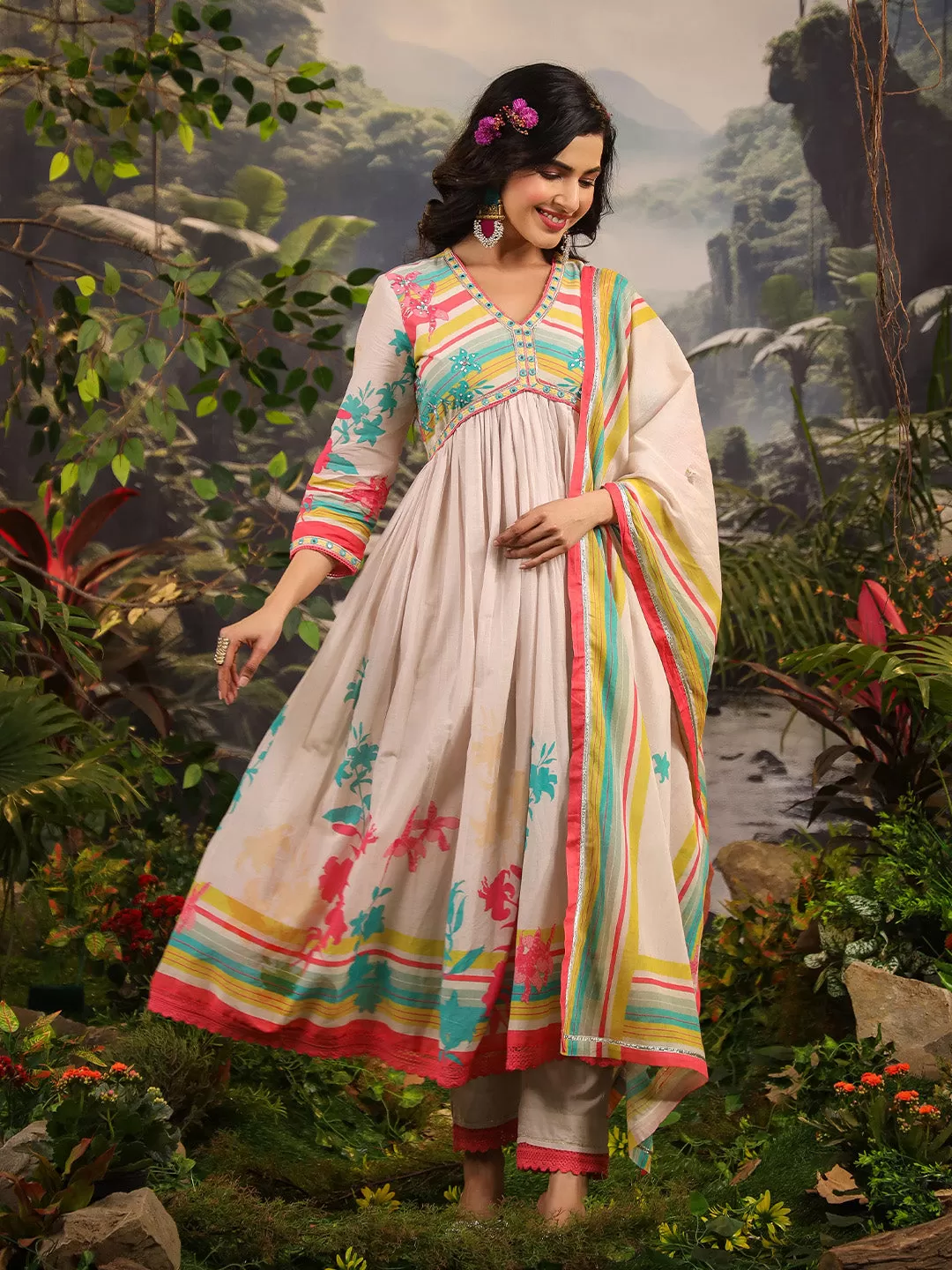 Multicolor Cotton Mul Embellished Kurta with Pant and Dupatta