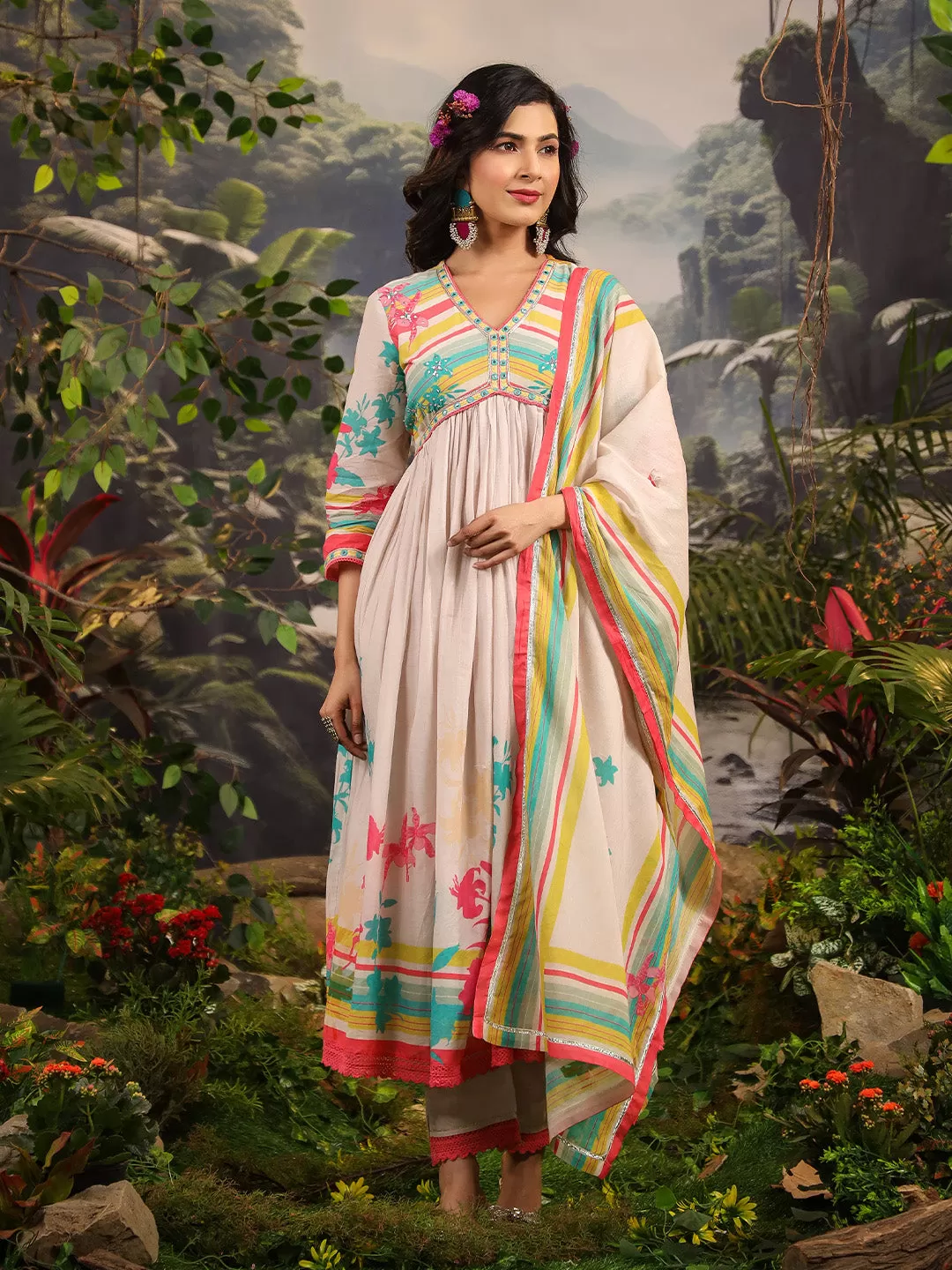 Multicolor Cotton Mul Embellished Kurta with Pant and Dupatta