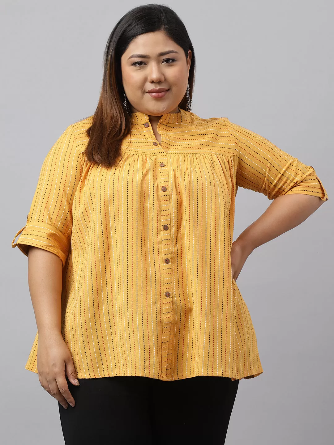 Mustard Cotton Woven Design A-Line Top