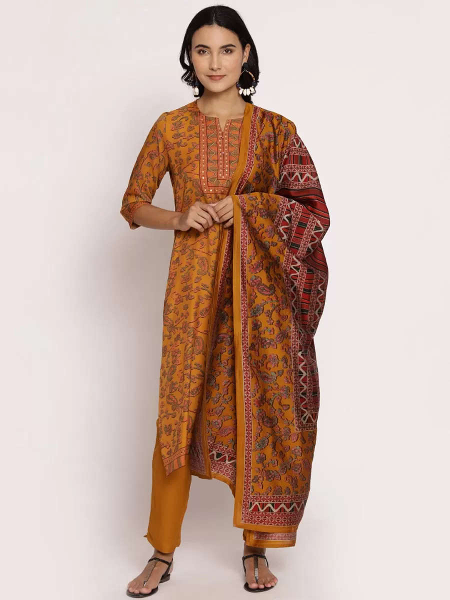 Mustard Floral Printed Kurta Trouser Dupatta