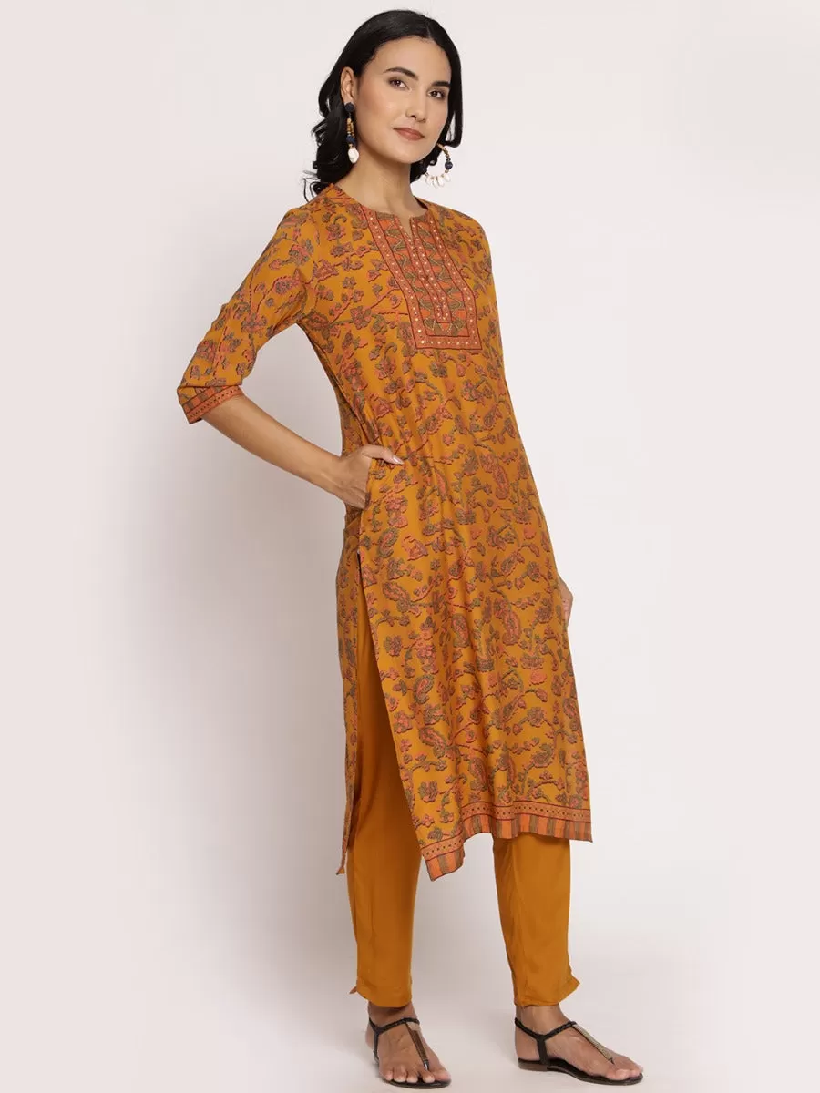 Mustard Floral Printed Kurta Trouser Dupatta