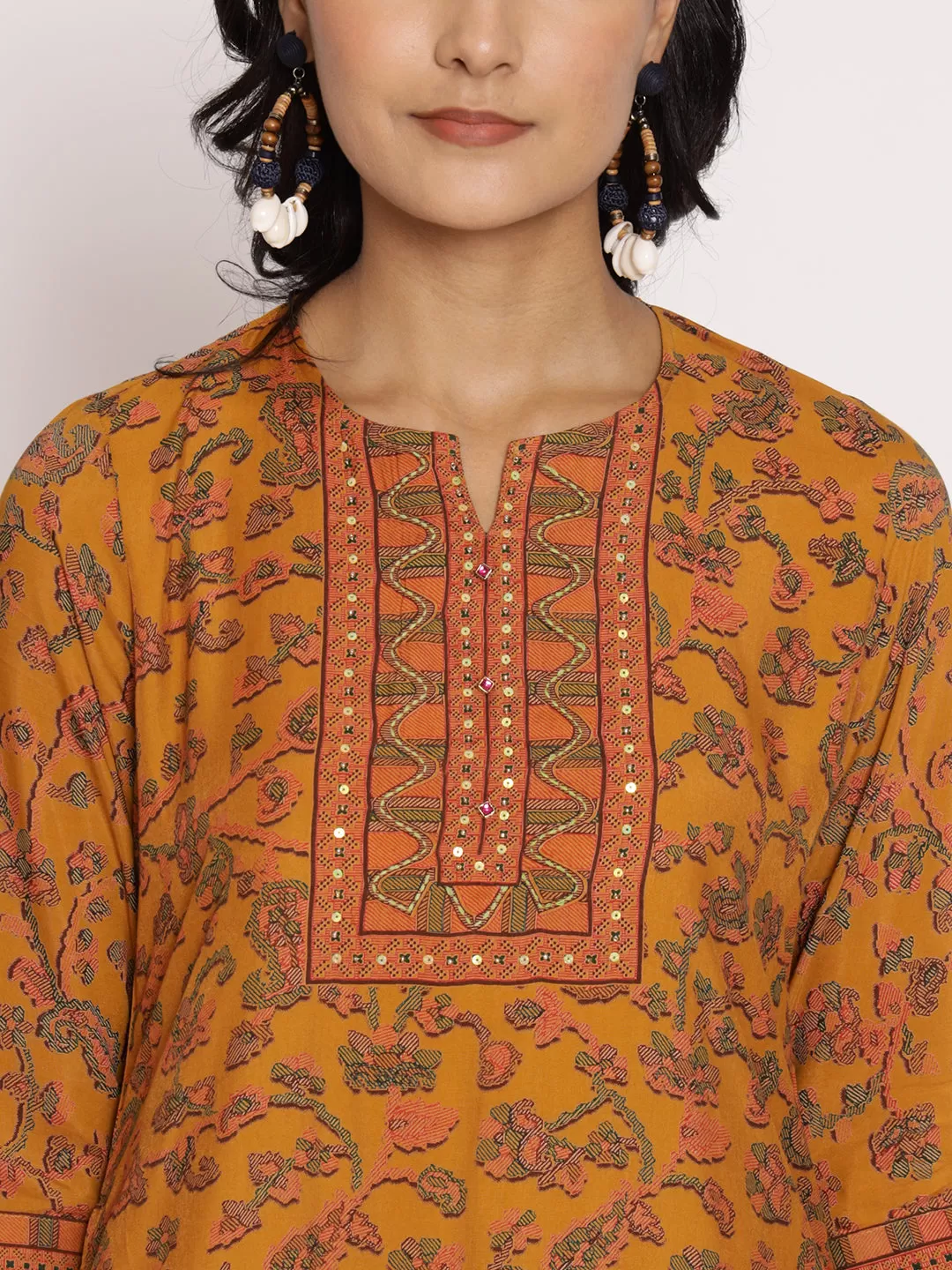 Mustard Floral Printed Kurta Trouser Dupatta