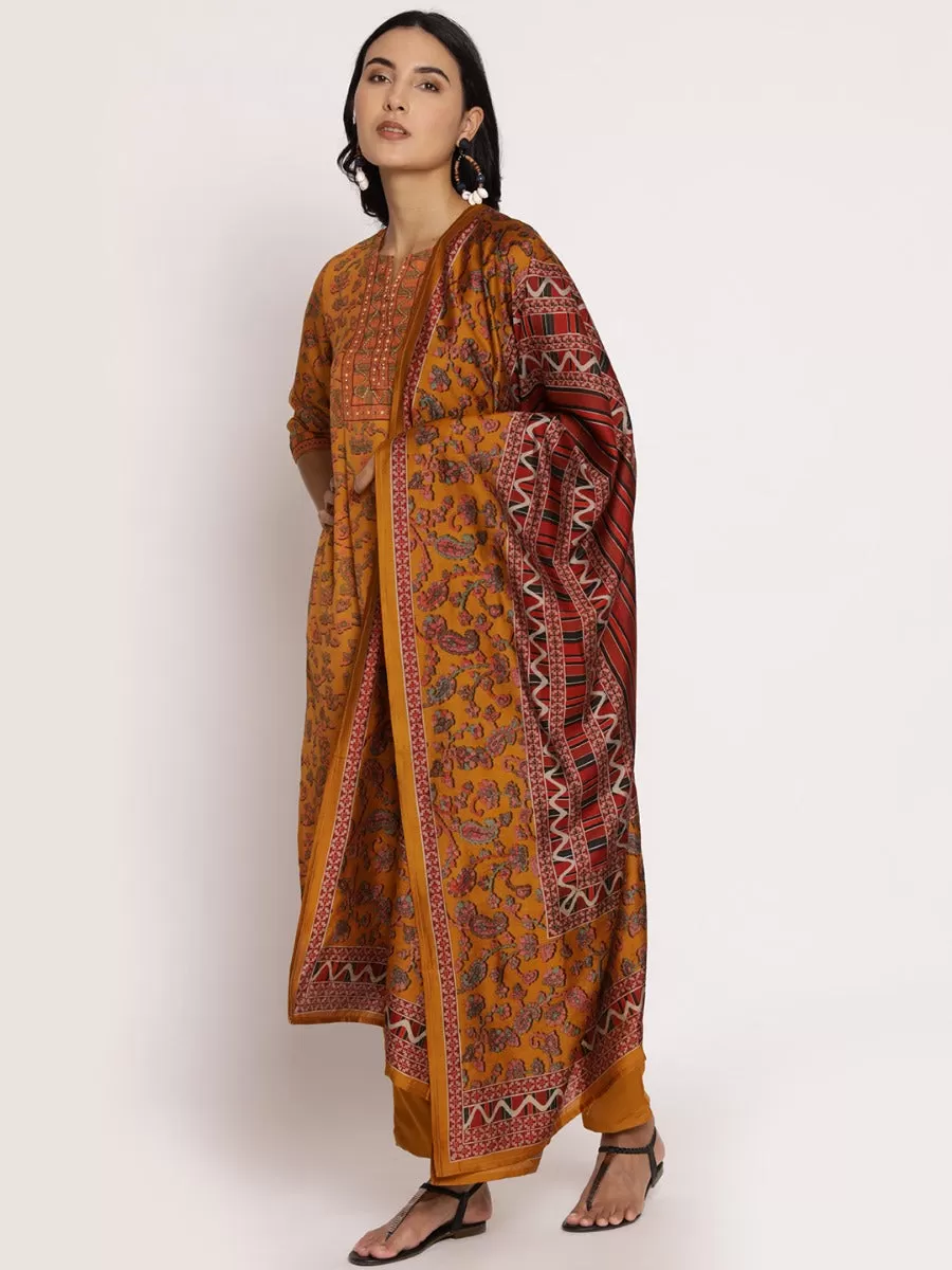 Mustard Floral Printed Kurta Trouser Dupatta