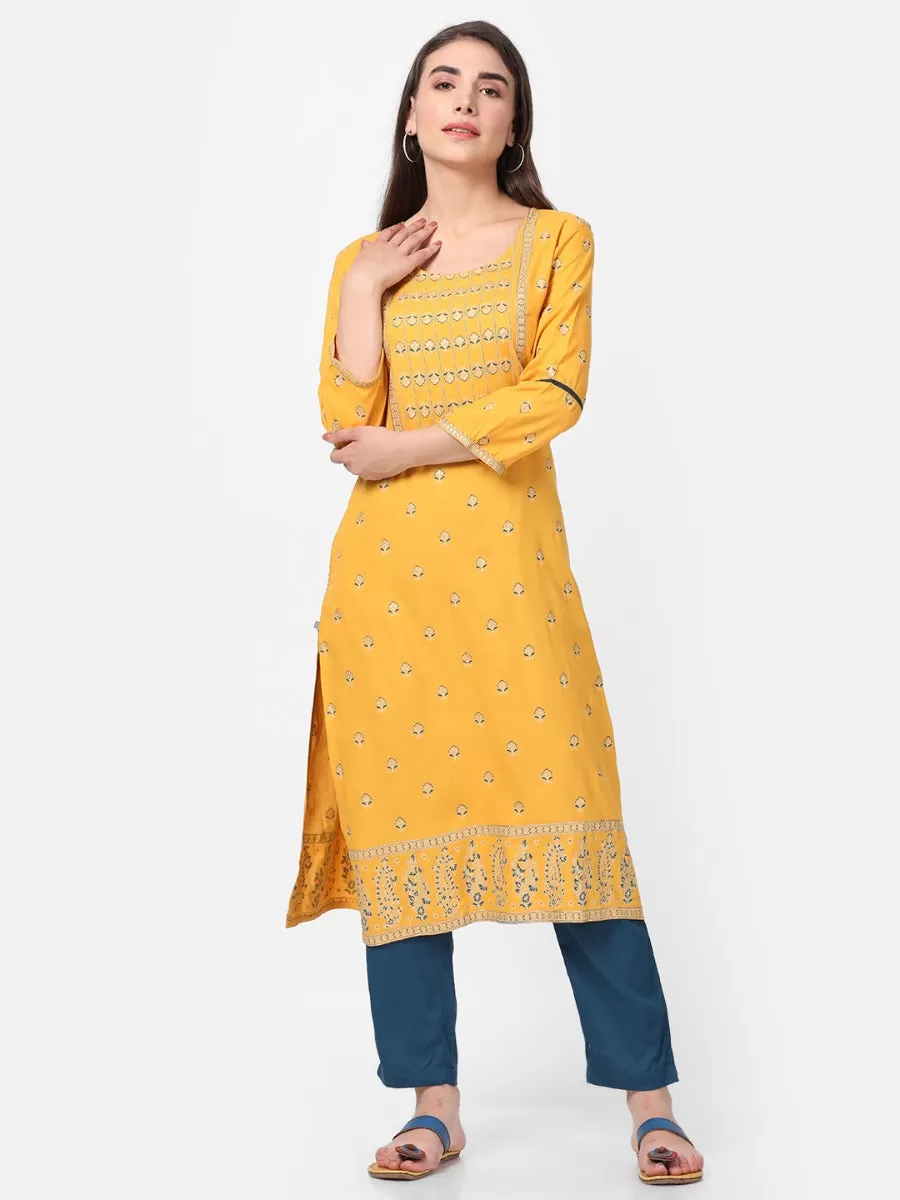 Mustard Ornamental Printed Kurta With Trouser