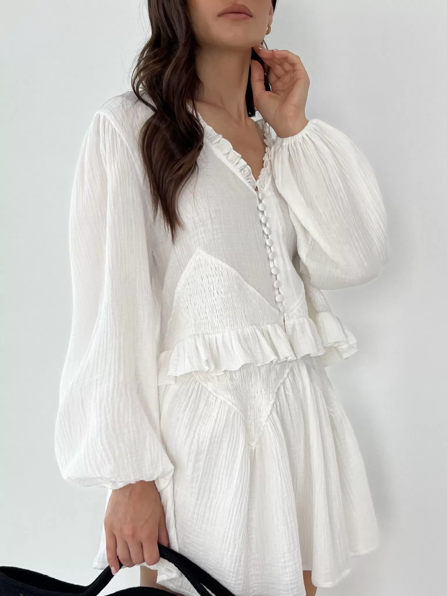 Naomi Cotton Frill Top With Smocking | White