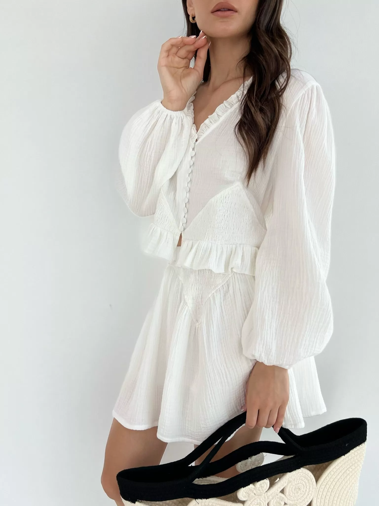 Naomi Cotton Frill Top With Smocking | White