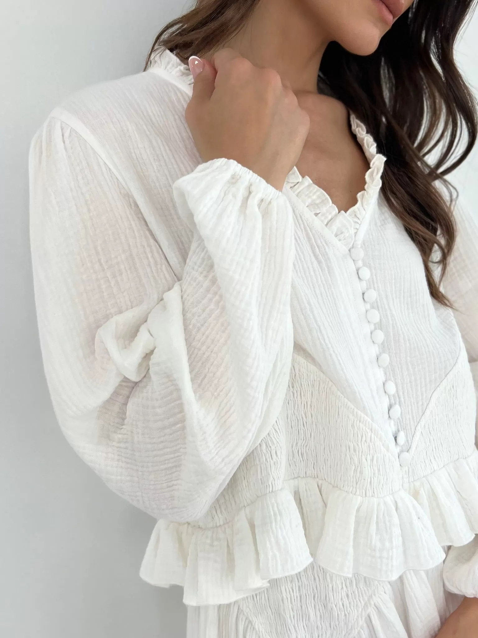 Naomi Cotton Frill Top With Smocking | White