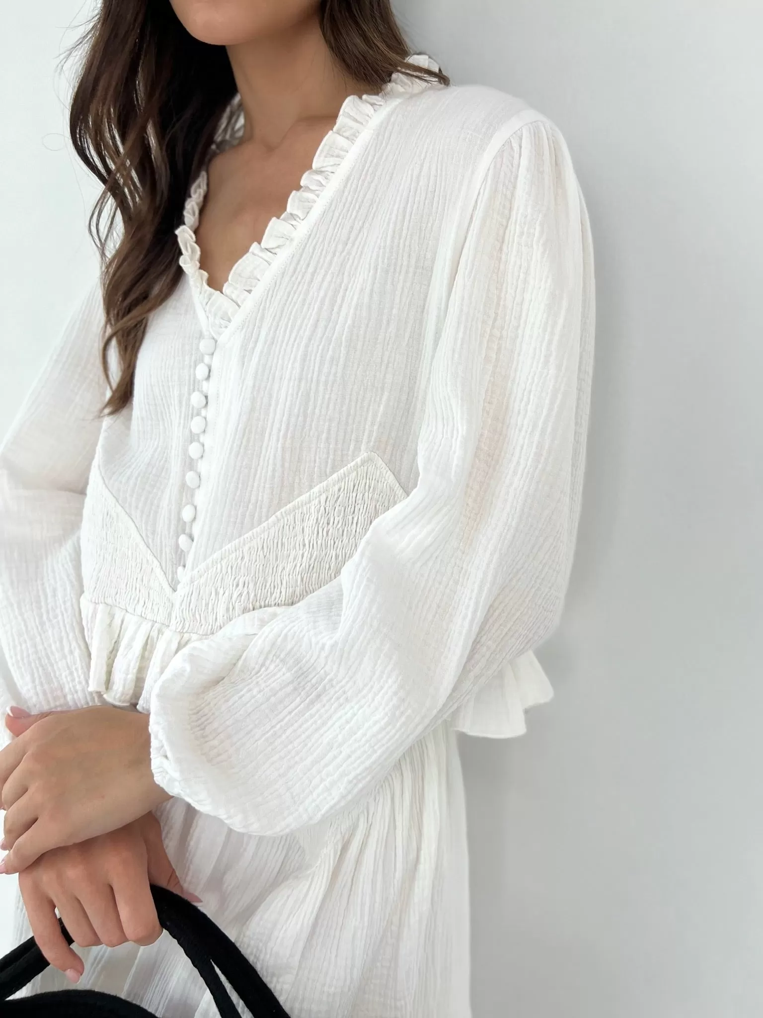 Naomi Cotton Frill Top With Smocking | White