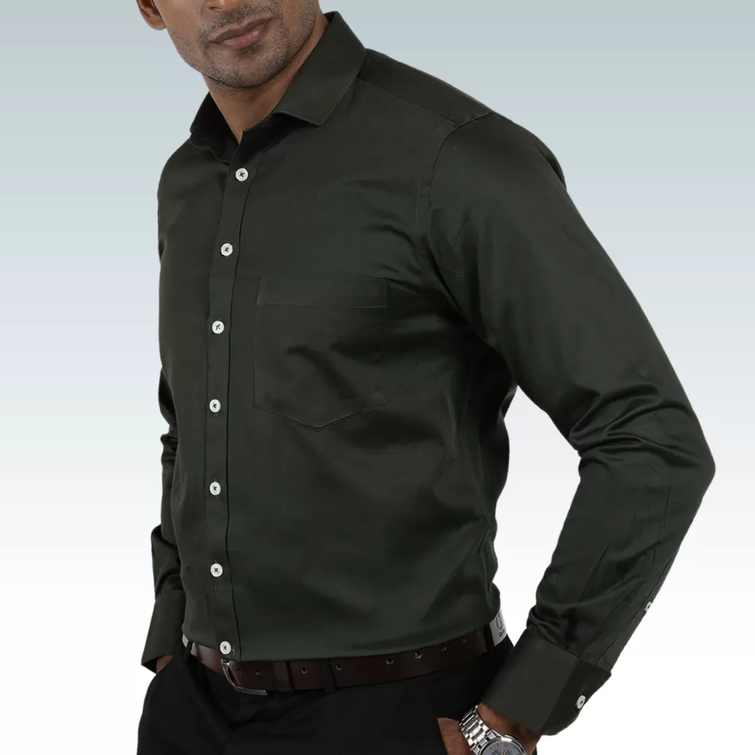 Olive Green Satin Regular Fit Cotton Shirt