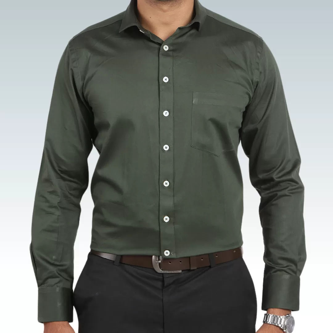 Olive Green Satin Regular Fit Cotton Shirt