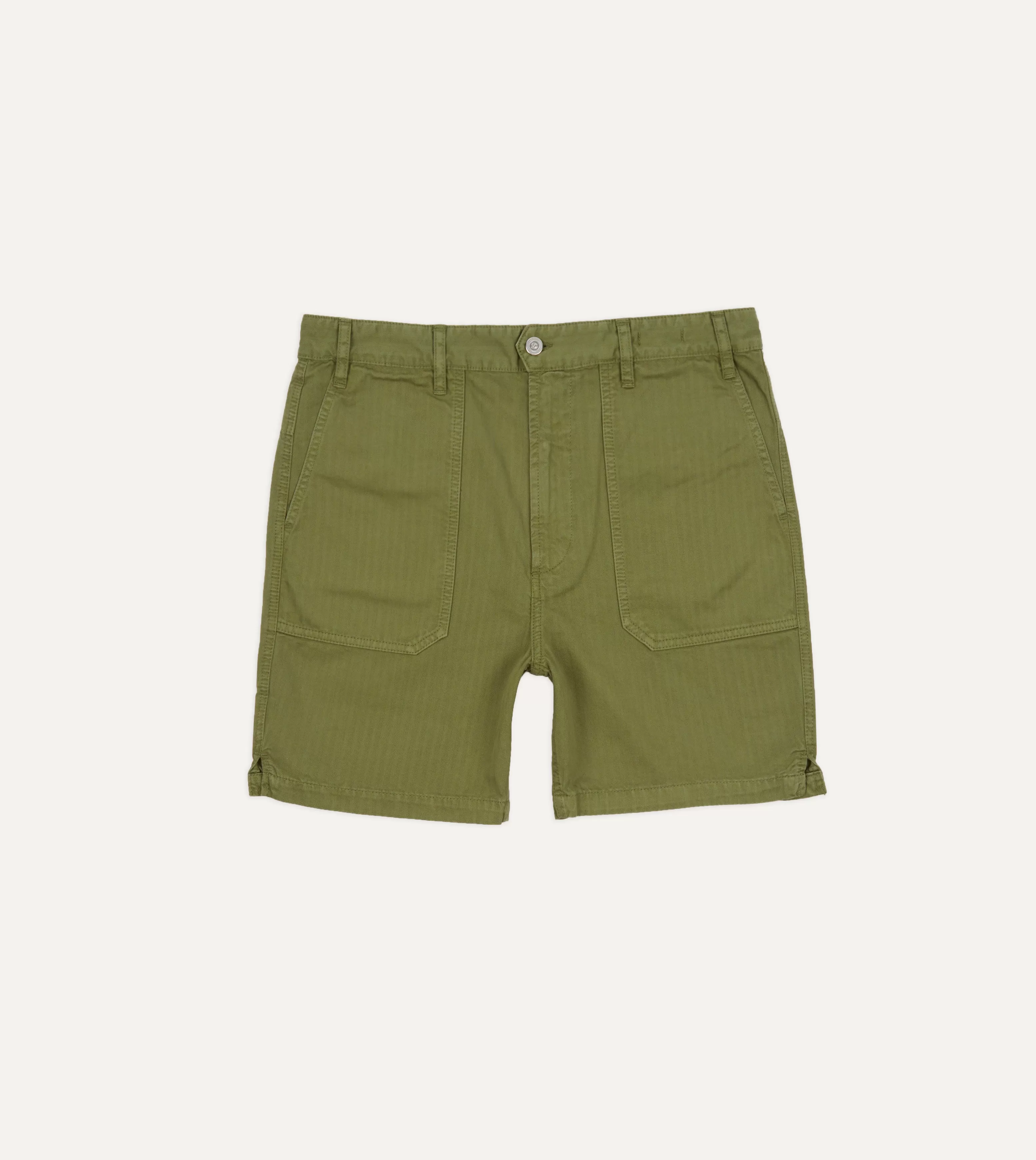 Olive Herringbone Cotton Fatigue Shorts