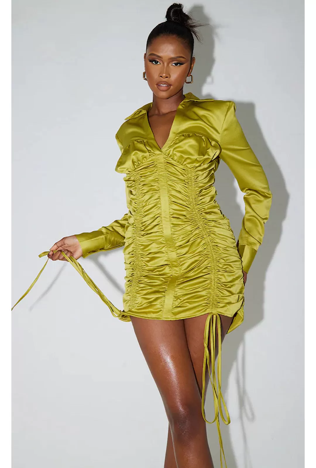 Olive Satin Ruched Long Sleeve Shirt Style Bodycon Dress