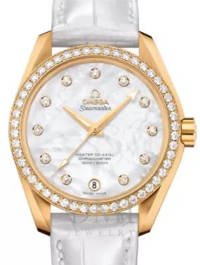 OMEGA SEAMASTER AQUA TERRA 150M MASTER CO-AXIAL CHRONOMETER LADIES 38.5MM YELLOW GOLD DIAMOND BEZEL WHITE MOTHER OF PEARL DIAL DIAMOND SET INDEX 231.58.39.21.55.002 WITH ALLIGATOR LEATHER STRAP