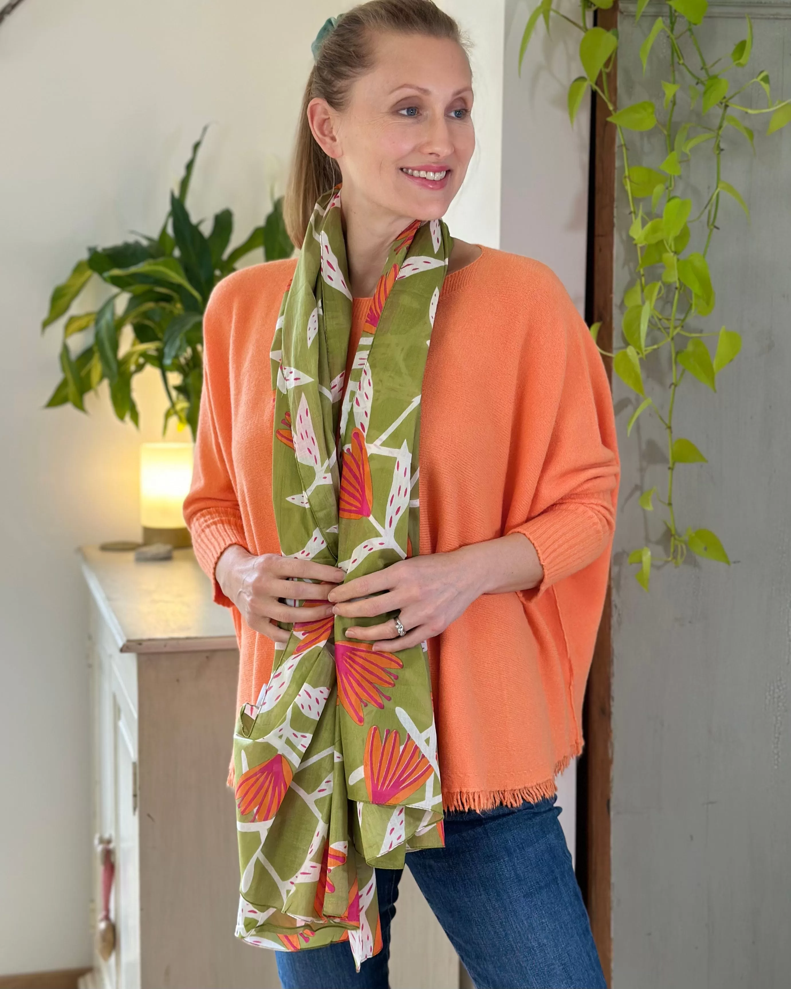 Organic Cotton Flower Print Scarf - Orange/Green