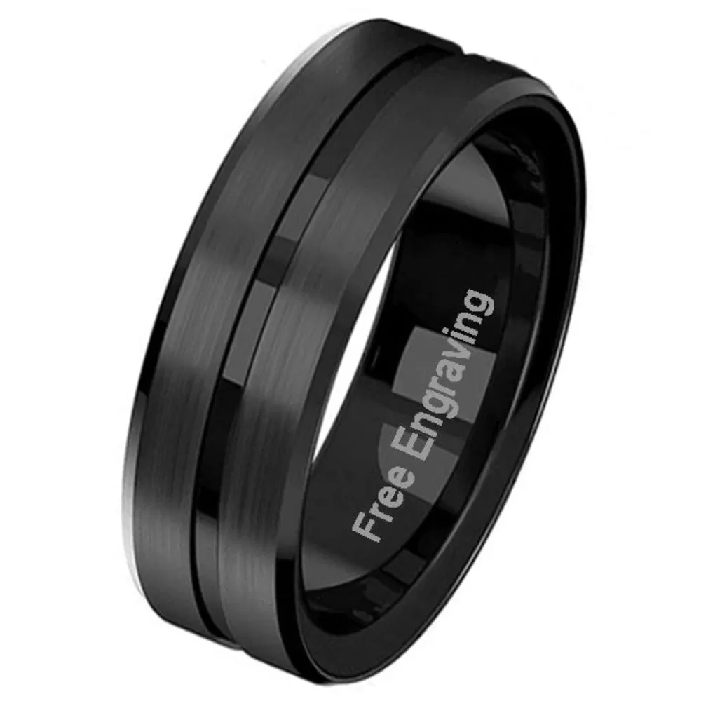 Personalized Men's Promise Ring - Black Center Groove Stainless Steel