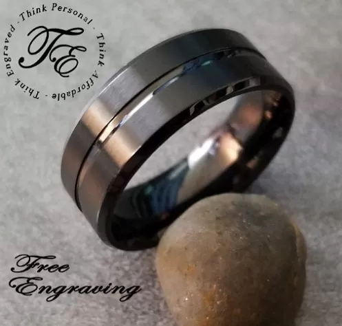 Personalized Men's Promise Ring - Black Center Groove Stainless Steel