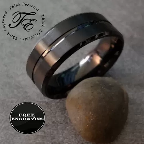 Personalized Men's Promise Ring - Black Center Groove Stainless Steel