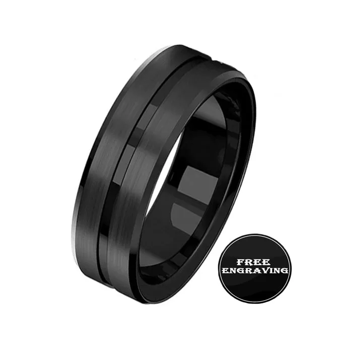 Personalized Men's Promise Ring - Black Center Groove Stainless Steel