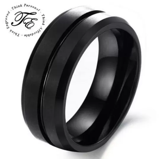 Personalized Men's Promise Ring - Black Center Groove Stainless Steel