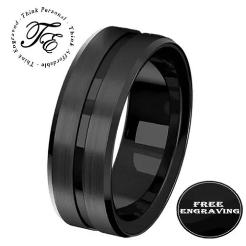 Personalized Men's Promise Ring - Black Center Groove Stainless Steel