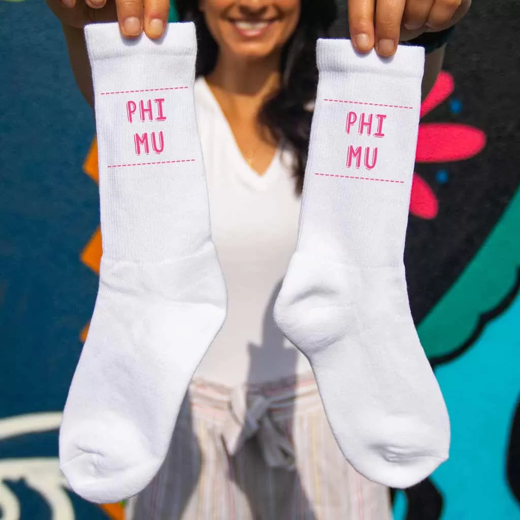 Phi Mu Crew Socks with Phi Mu Name in Sorority Colors