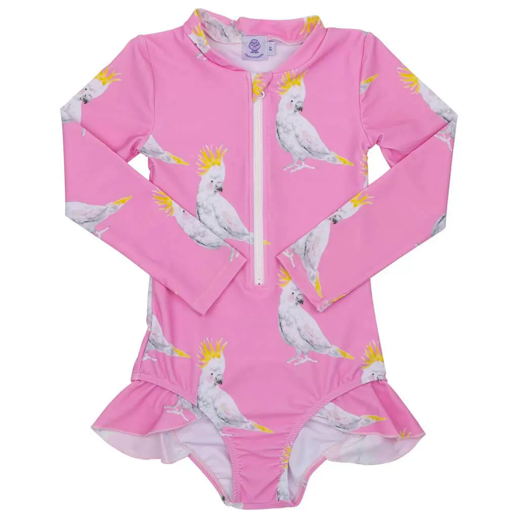 Pink Cockatoo Long Sleeve Girls Zip Swimmers