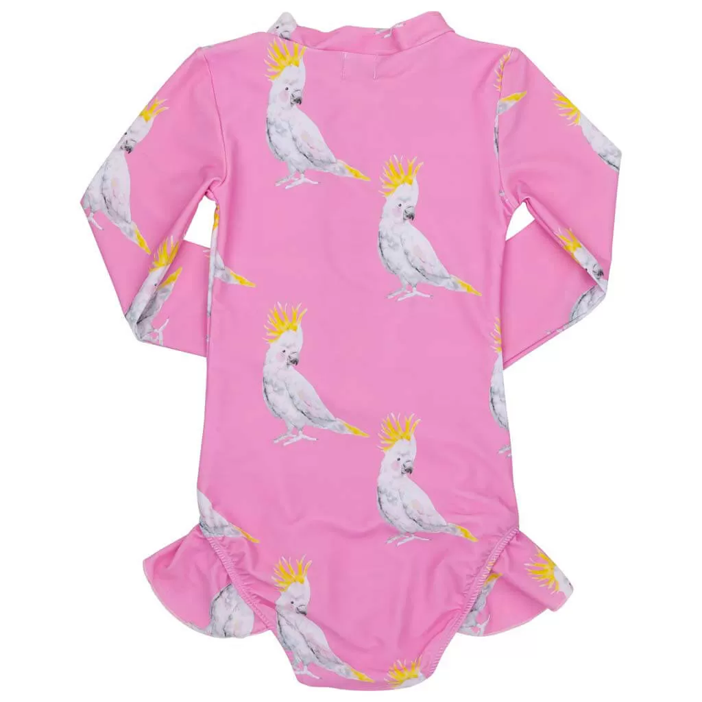 Pink Cockatoo Long Sleeve Girls Zip Swimmers