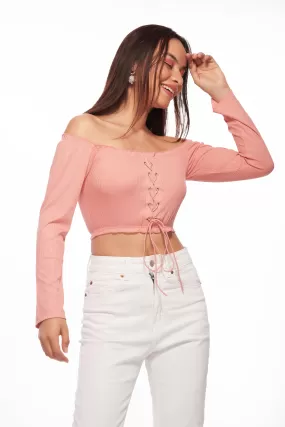 Pink Off-Shouldered Lace-up Top