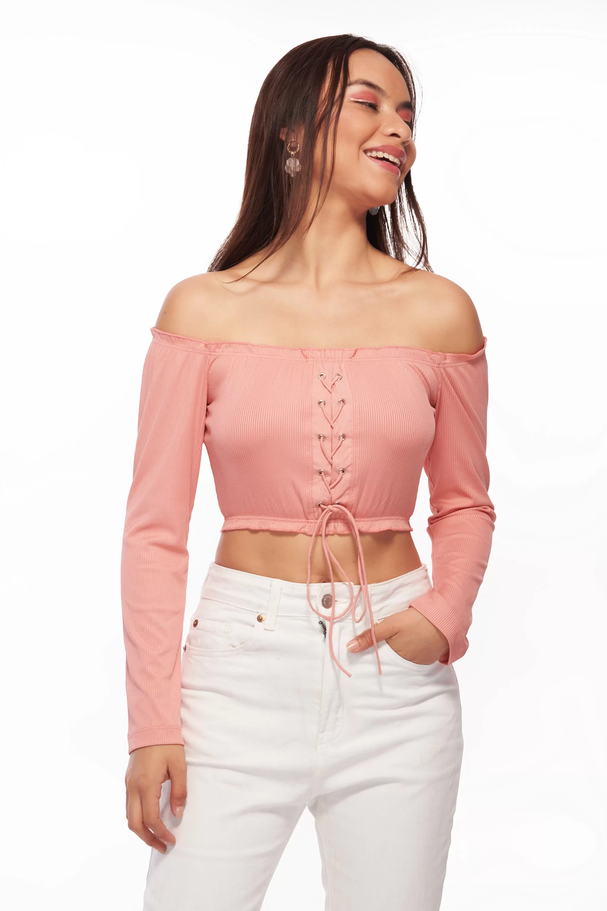 Pink Off-Shouldered Lace-up Top