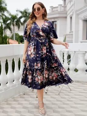 Plus Size Midi Dress Floral Short-sleeves