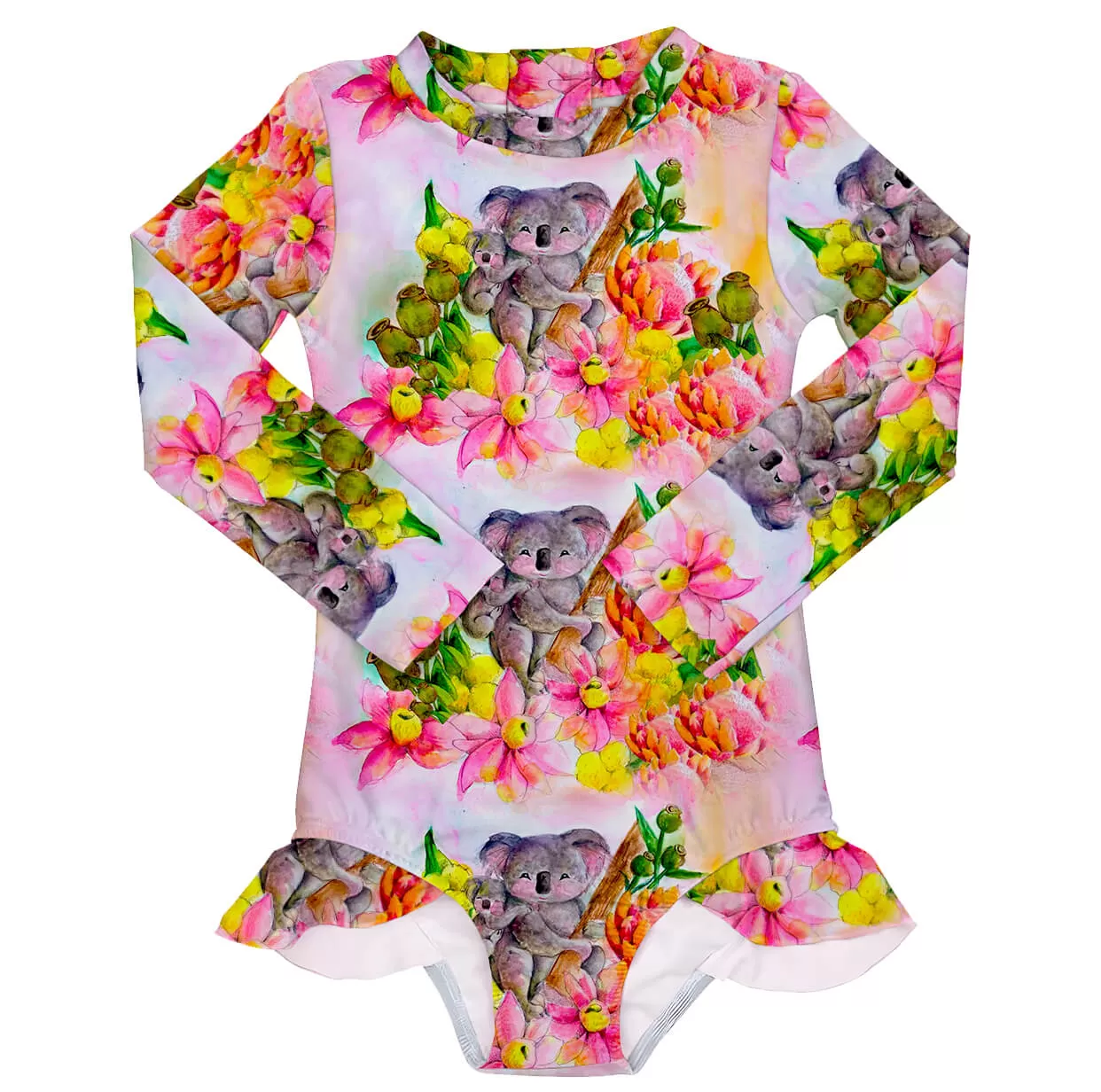 PREORDER Floral Koalas Girls Long Sleeve Back Zip Swimmers (Ships w/c 16th Sept)