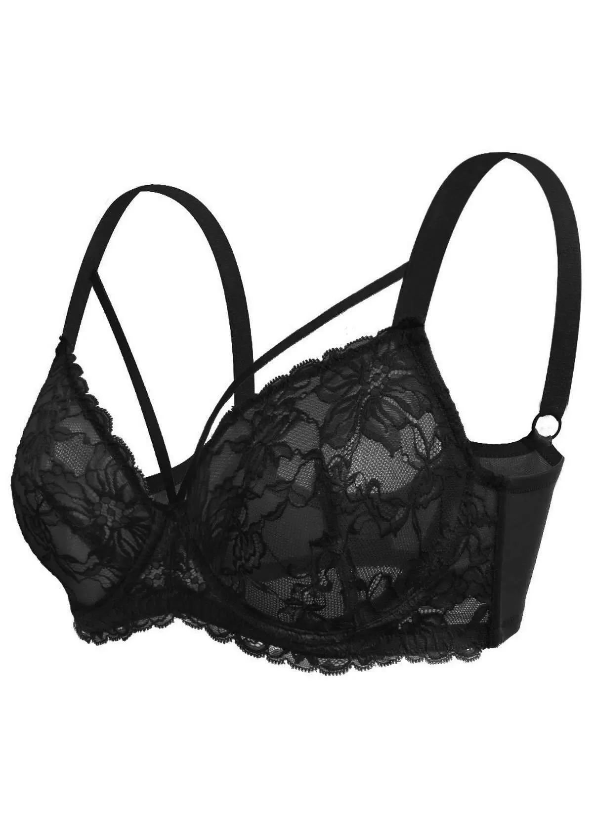 Pretty In Petals Black Unlined Strappy Lace Bra