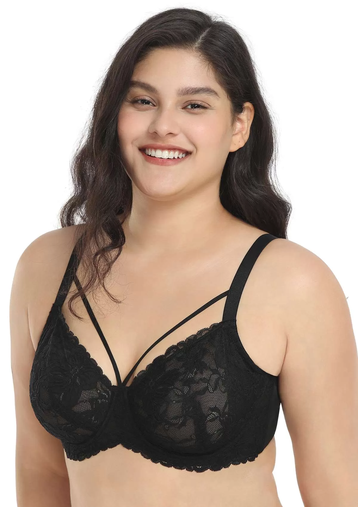 Pretty In Petals Black Unlined Strappy Lace Bra