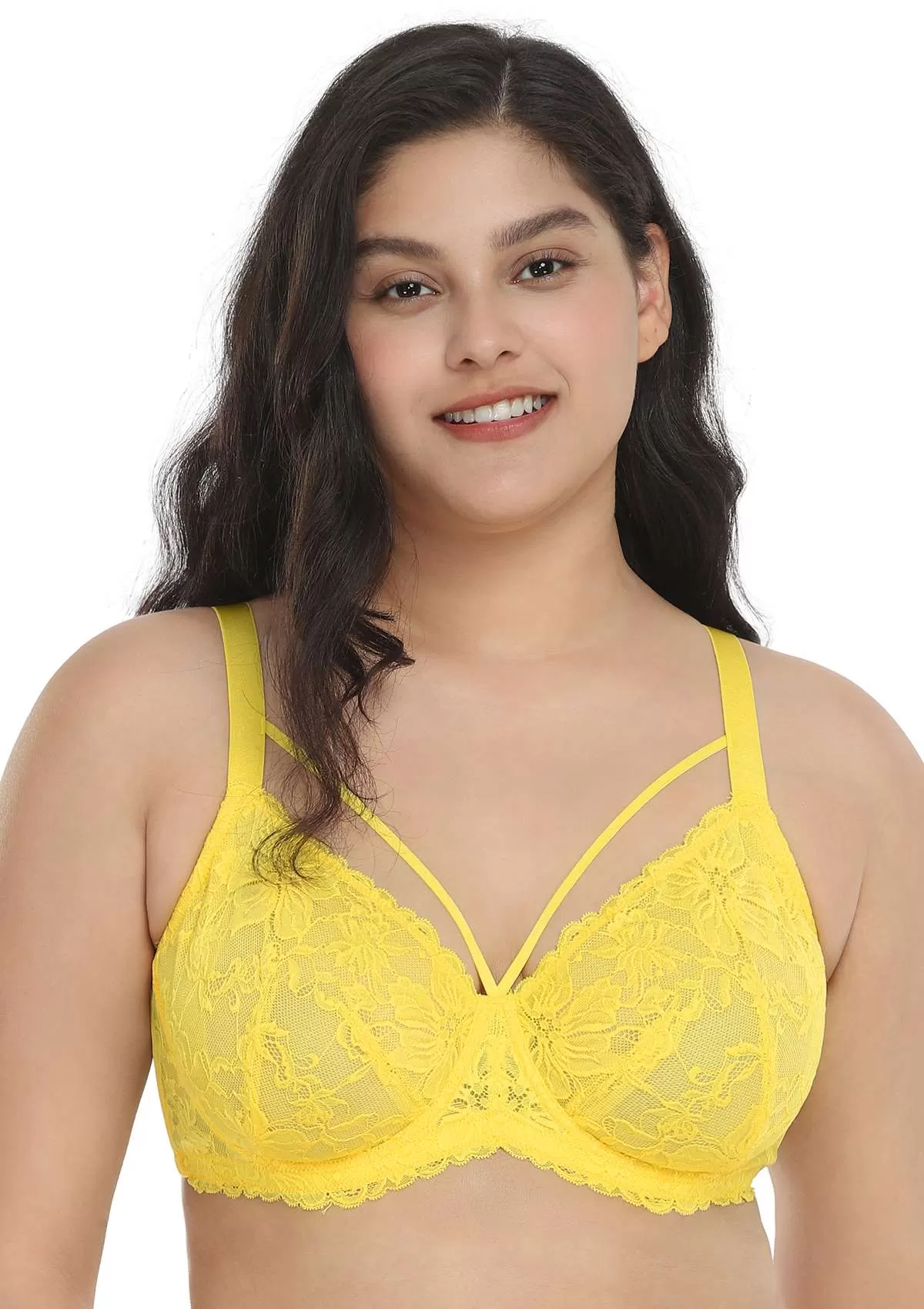 Pretty In Petals Bright Yellow Unlined Strappy Lace Bra Set