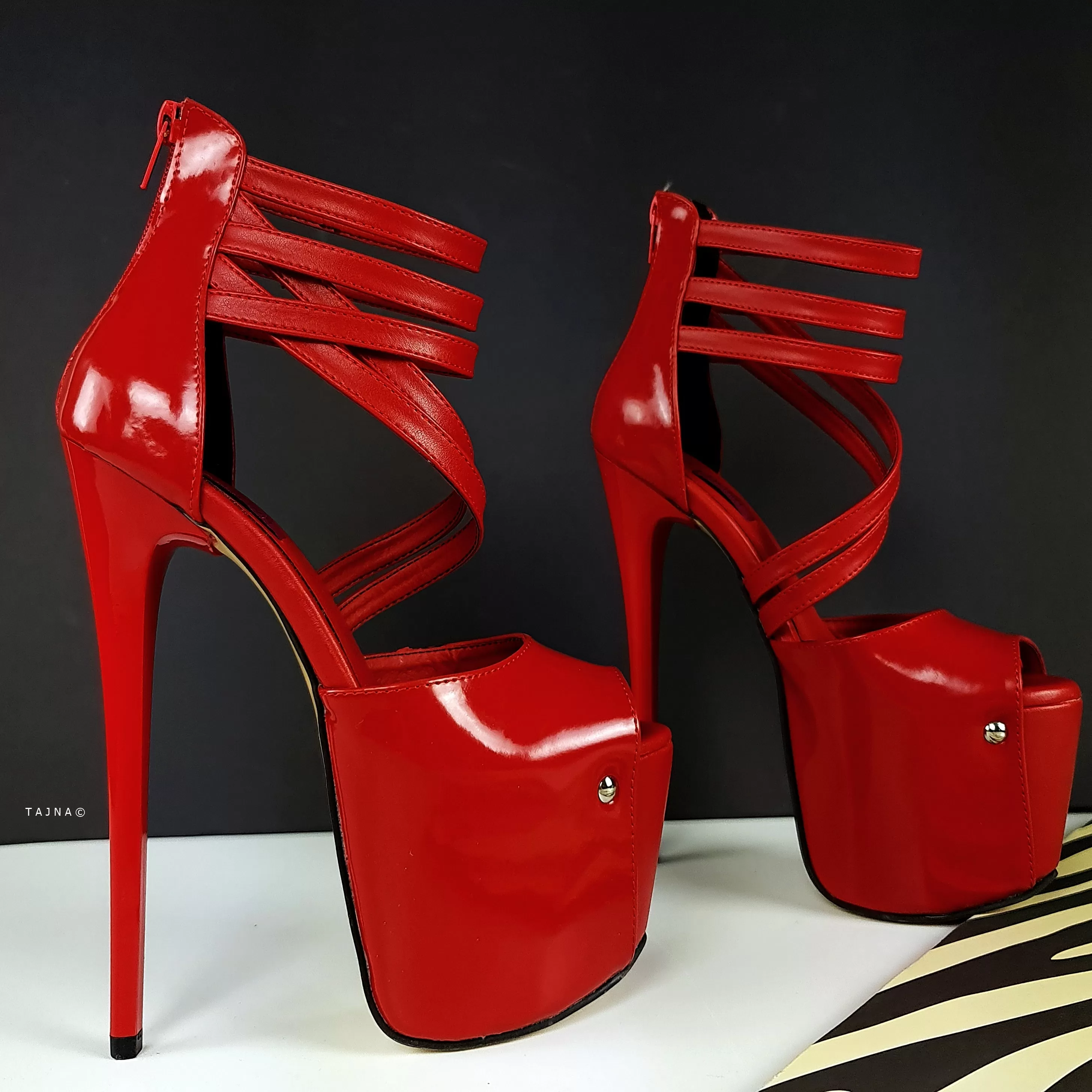 Red Gloss Multi Strap Ankle Cut Peep Toe High Heels