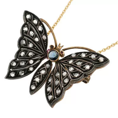 Retro Sterling & 14kt Diamond Butterfly Pendant