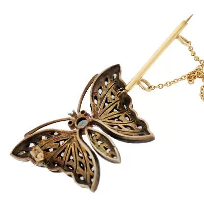 Retro Sterling & 14kt Diamond Butterfly Pendant