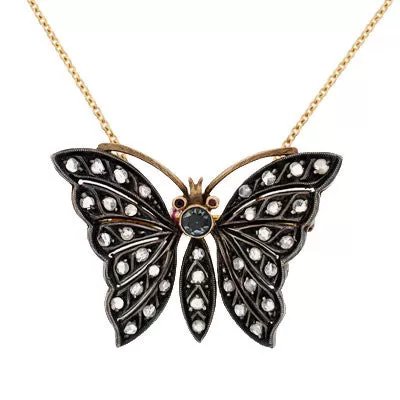 Retro Sterling & 14kt Diamond Butterfly Pendant