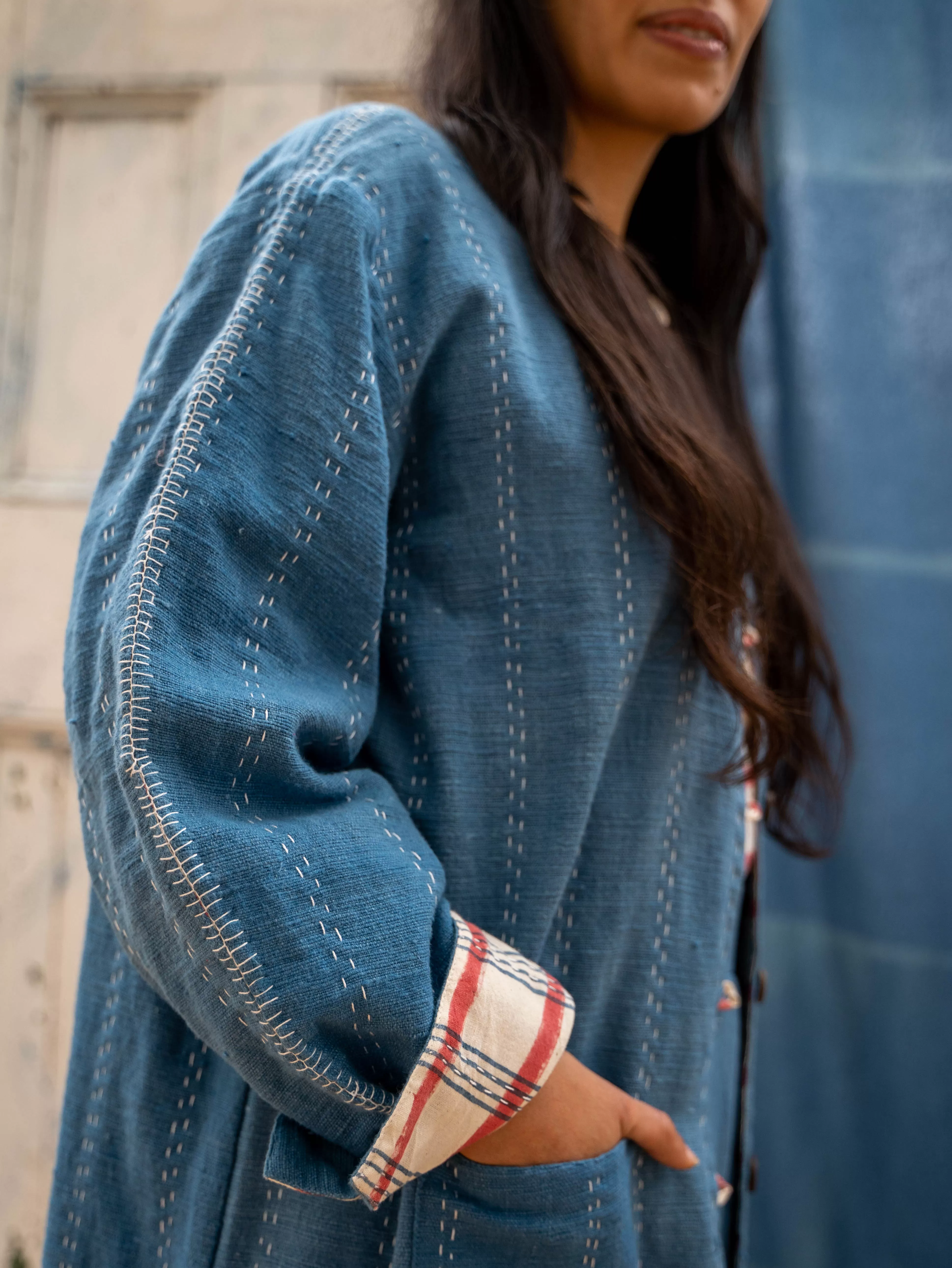 Reversible Coat - Indigo Khadi & Check Mate Blockprint