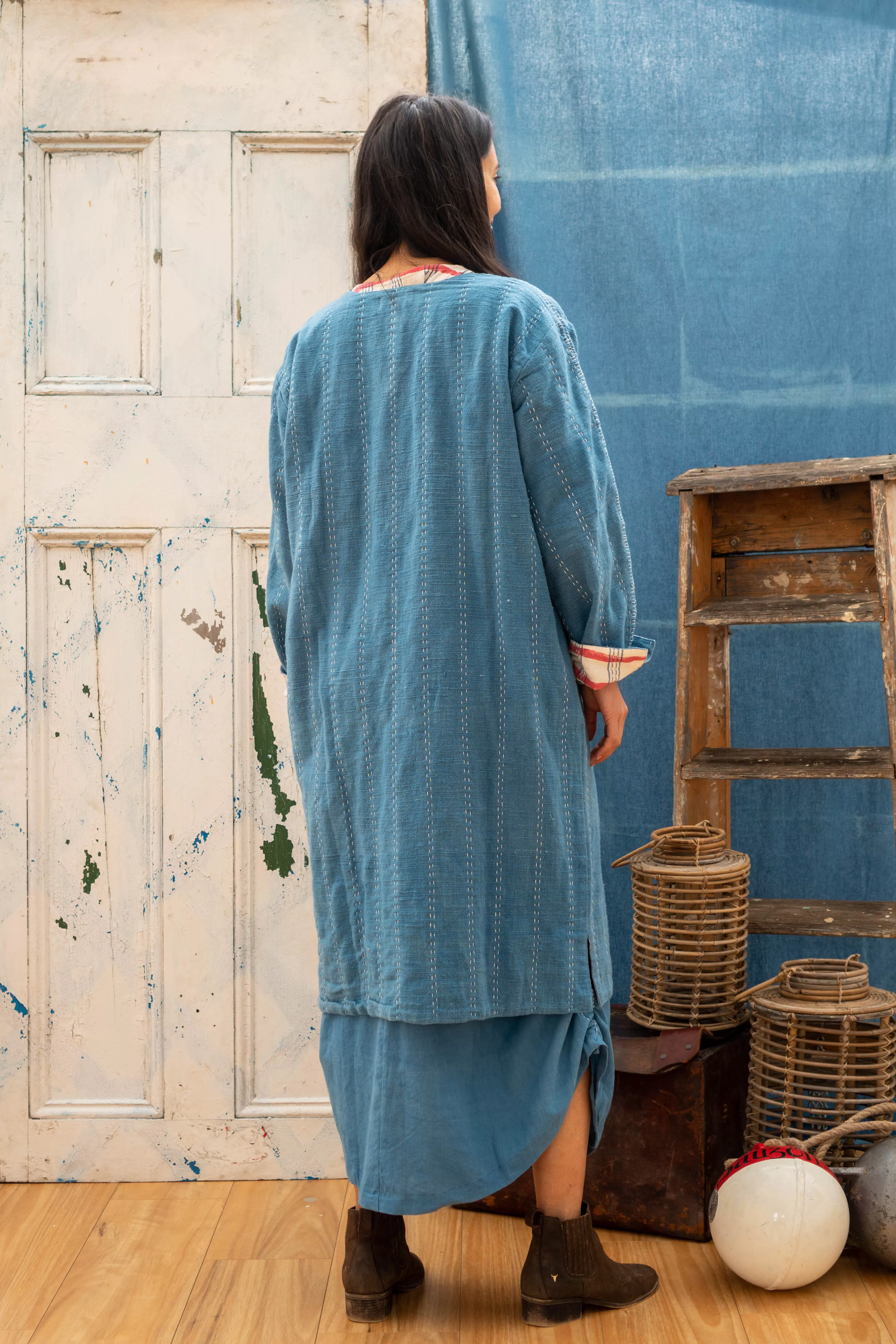 Reversible Coat - Indigo Khadi & Check Mate Blockprint