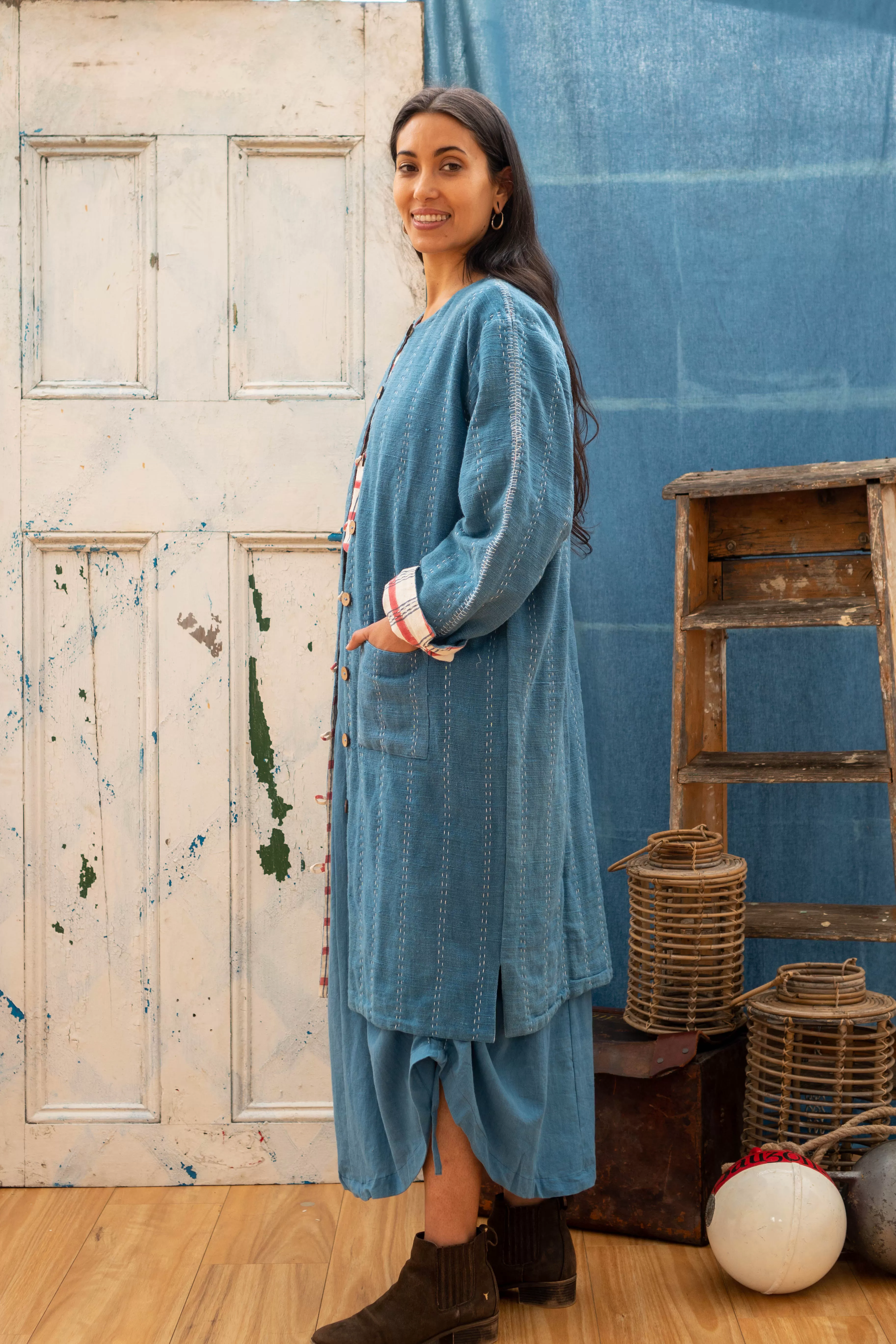 Reversible Coat - Indigo Khadi & Check Mate Blockprint