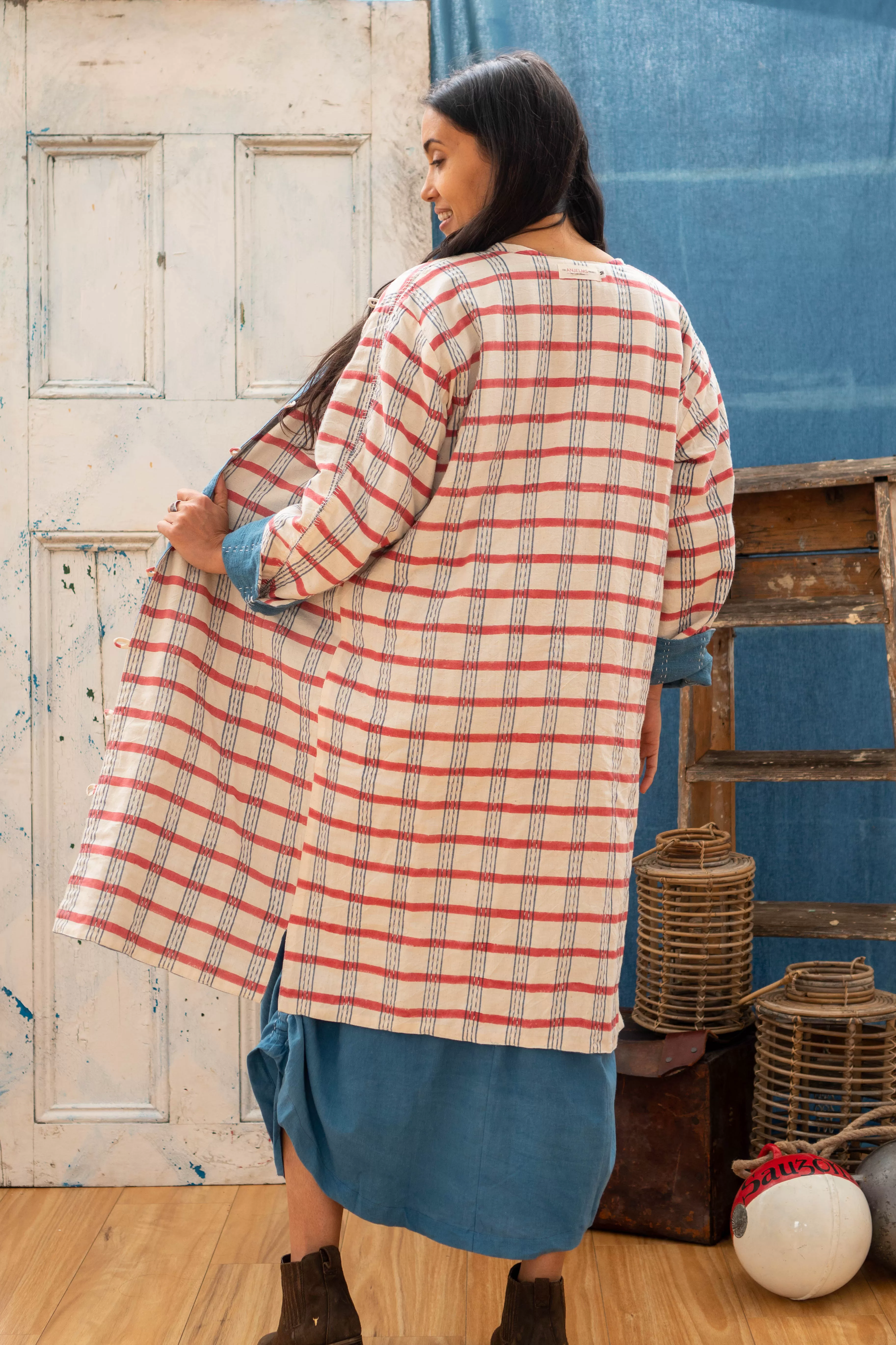 Reversible Coat - Indigo Khadi & Check Mate Blockprint