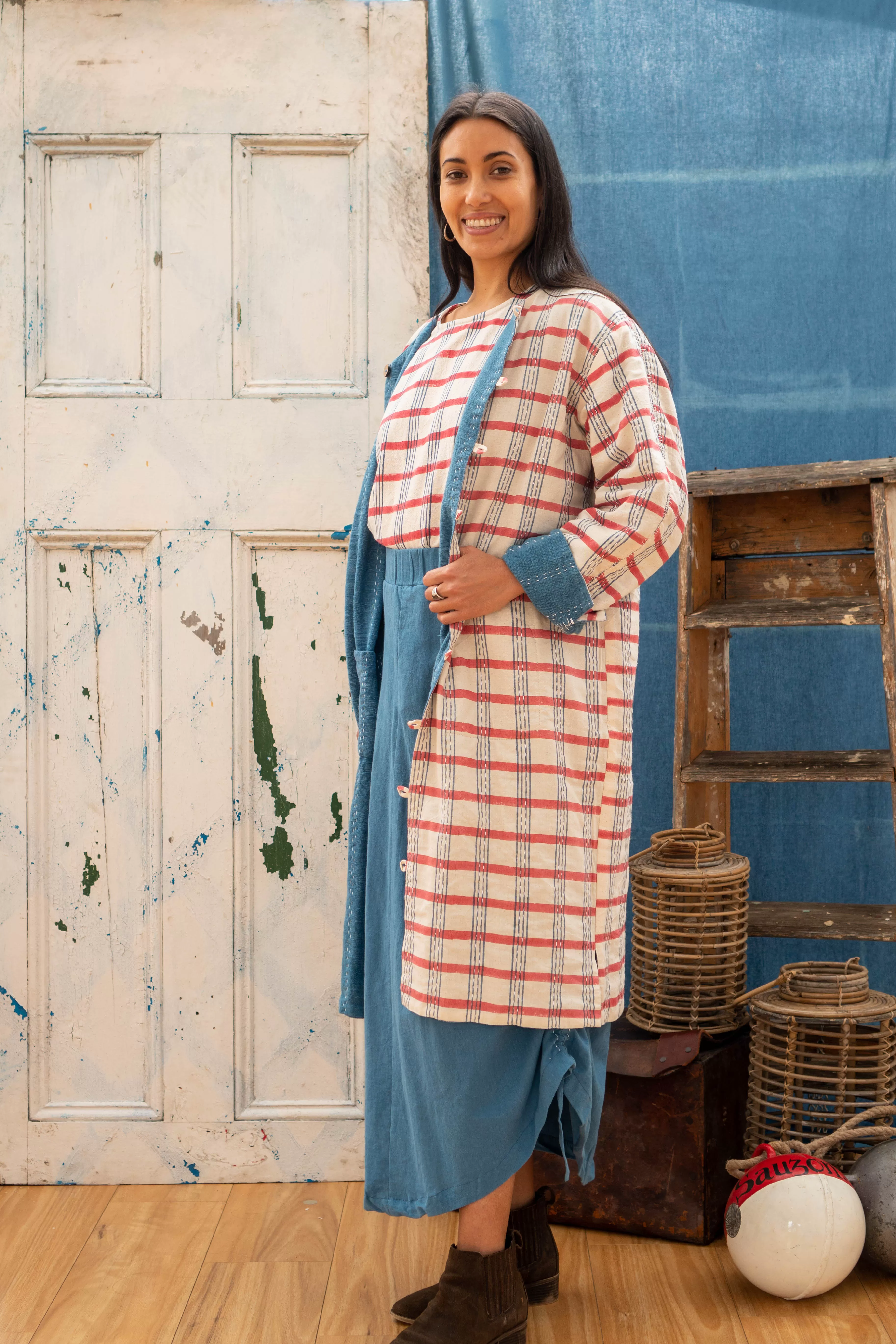 Reversible Coat - Indigo Khadi & Check Mate Blockprint