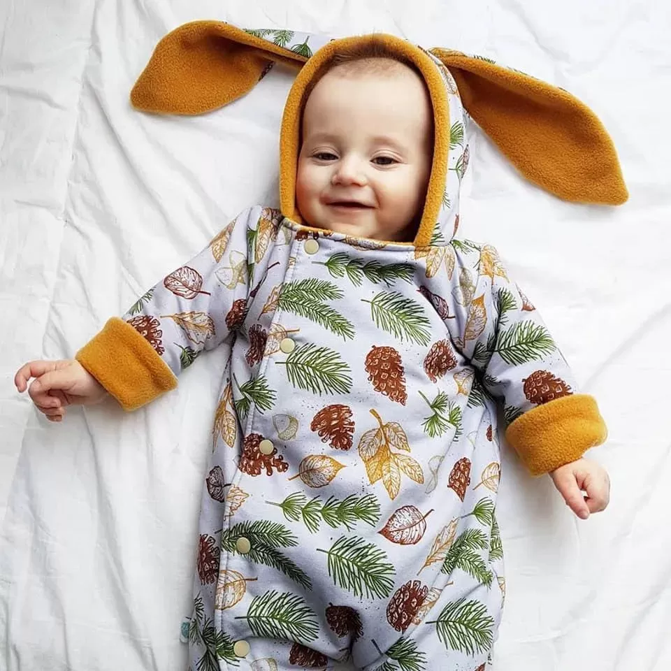 Reversible Pramsuit | Festive Leaves & Mustard Fleece